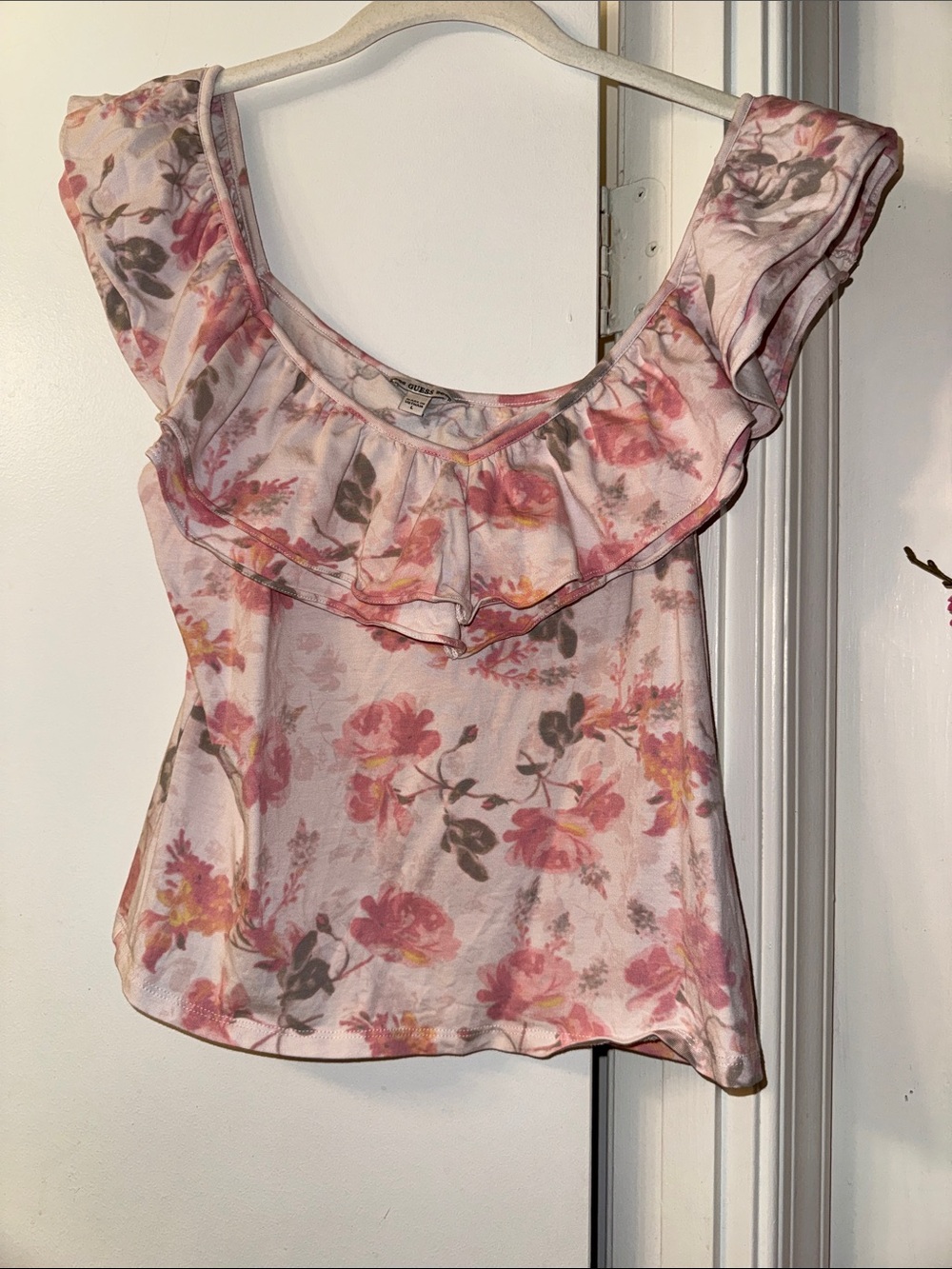 Guess Pink Floral Ruffle Off-Shoulder Blouse